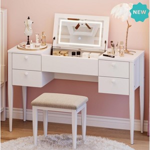 Jojoka Makeup Vanity Desk with LED Light Mirror and Stool, 3-in-1 Flip Top Design with 6 Storage Drawers and Adjustable Lighting, White - 1 of 4