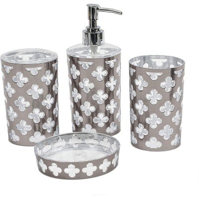 Juvale Set of 4 Silver Bathroom Accessories Set - Soap Dispenser, Toothbrush Holder, Cup, Soap Dish