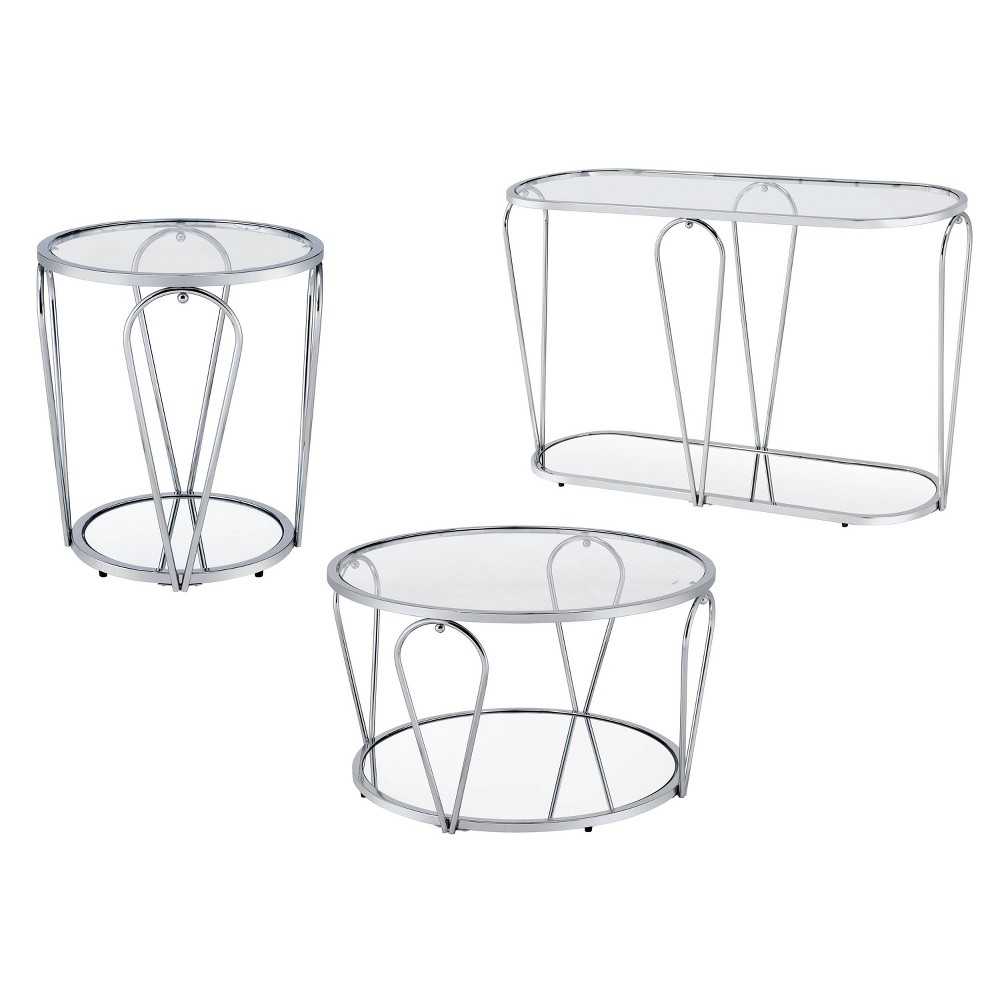 3pc Kuut Glam Coffee Table Set Chrome/Clear - HOMES: Inside + Out: Mirrored Shelf, Steel Frame