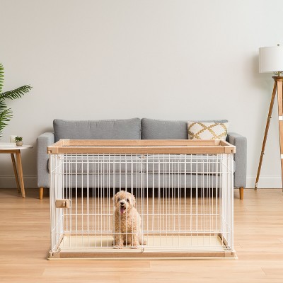 Large Light Brown and White Metal Dog Crate with Sliding Door