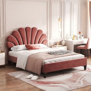 Okak Full Platform Bed Frame with Flower Pattern Headboard Velvet Upholstered Bedroom Furniture Strong Wood Slats Easy Assembly Noise-Free, Red - 1 of 4
