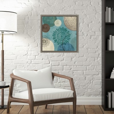 Teal and Brown Abstract Floral Canvas Print with Gray Frame