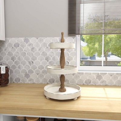 Distressed White and Brown Wood 3-Tier Round Serving Tray
