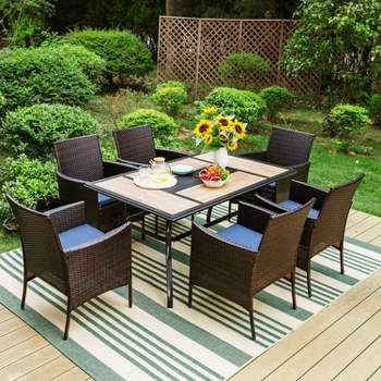 7pc Patio Dining Set with Rectangular Steel Table & Rattan Closed Side Chairs Blue/Brown - Captiva Designs