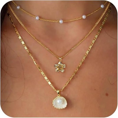 HTUTWOO Charm Necklaces for Women,14k Gold Plated Waterproof Dainty Choker Necklace, Summer Seashell Pearl Beach,Cute Necklaces Fashion Jewelry Gift