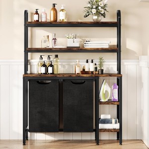 2 Section Laundry Hamper with 3 Tiers & Side Shelves, 2 Removable Laundry Bags for Laundry Organization, Black & Rustic Brown - 1 of 4