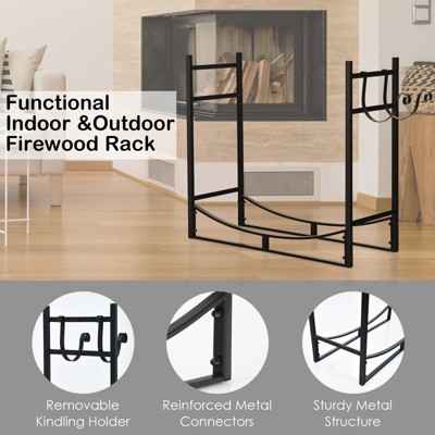 Black Steel 33" Indoor/Outdoor Firewood Rack with Kindling Holder