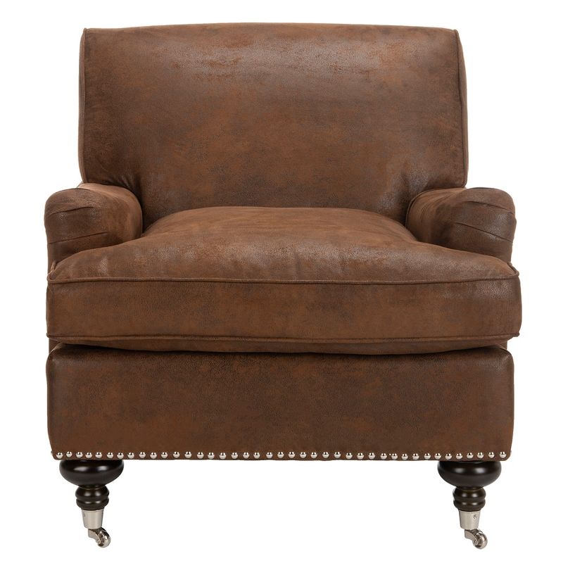 Espresso Birch Wood & Brown Faux Leather Armchair with Casters