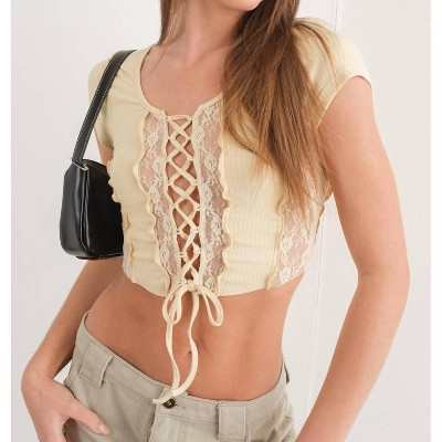 Women's Sunny Lace Rib Knit Tee - Pretty Garbage L