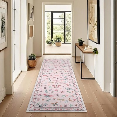 Floral Insect Print Washable Area Rugs for Living Room, Modern Non Slip Low Pile Area Rug