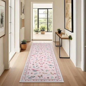Floral Insect Print Washable Area Rugs for Living Room, Modern Non Slip Low Pile Area Rug - 1 of 4