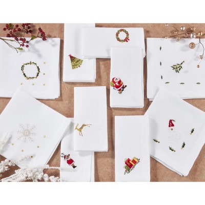 White Cotton Table Napkins with Embroidered Santa Design, Set of 4