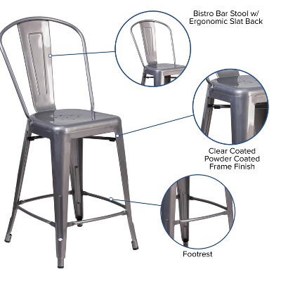 24" Silver Metal Indoor Counter Height Stool with Slat Back