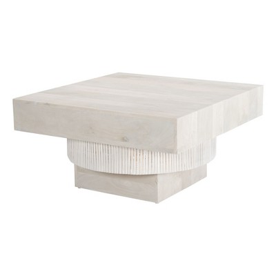 HomeRoots 36" Natural White Solid Wood Square Geo Pedestal Coffee Table