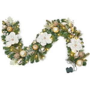 Christmas Garland with Lights, 6FT Pre-Lit White Gold Garland, Magnolia & Gold Balls, Battery for Mantle & Stairs - 1 of 4