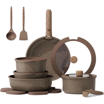 BRINJOY 17-Piece Nonstick Cookware Set with Removable Handles - Oven & Dishwasher Safe, Induction Compatible, Brown RV Kitchen Collection