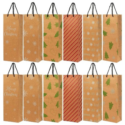 24-Pack Christmas Gift Wine Bags - Kraft Paper Bags, Paper Bags with Handles for Shopping, Christmas Gifts, 6 Assorted Designs - 15.3x3.2x5.5"