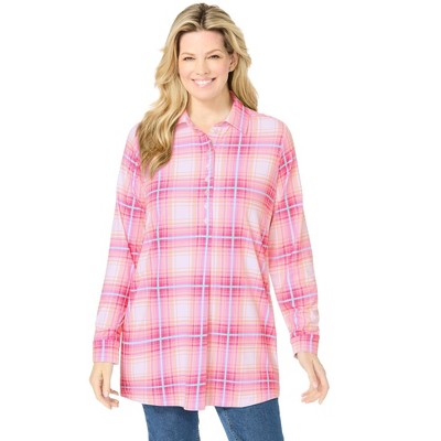 Woman Within Women's Plus Size Plaid Knit Tunic With Collar