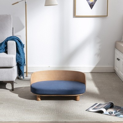FURNIinspire Pet Beds Elevated Dog Bed Pet Sofa With Solid Wood legs and Bent Wood Back, Velvet Cushion, Walnut, Blue, 26.77"*15.75"*11.02"