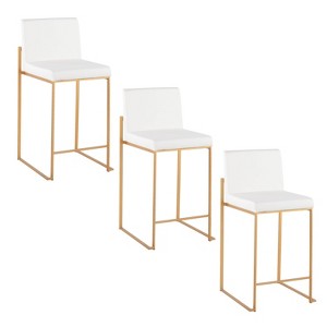 LumiSource Set of 3 Fuji High Back Counter Height Barstools Gold Steel/White PU - 1 of 4