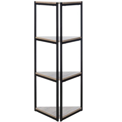 Logan Light Gray Oak and Black Iron 4-Tier Corner Bookshelf