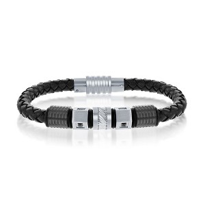 Metallo Mens Black & Silver Stainless Steel w/ Black CZ Genuine Leather Bracelet - Black - 8.5 Inch - 1 of 4