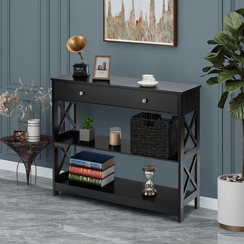 Costway Console Table Drawer Shelves Sofa Accent Table Entryway Hallway Black/White, 4 of 11