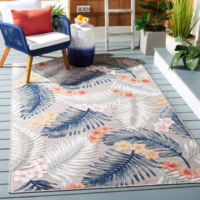 Cabana Floral Grey & Navy 77" Square Non-Slip Outdoor Rug
