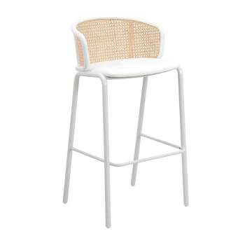 LeisureMod Ervilla Wicker Bar Stool with Fabric Seat and White Steel Frame