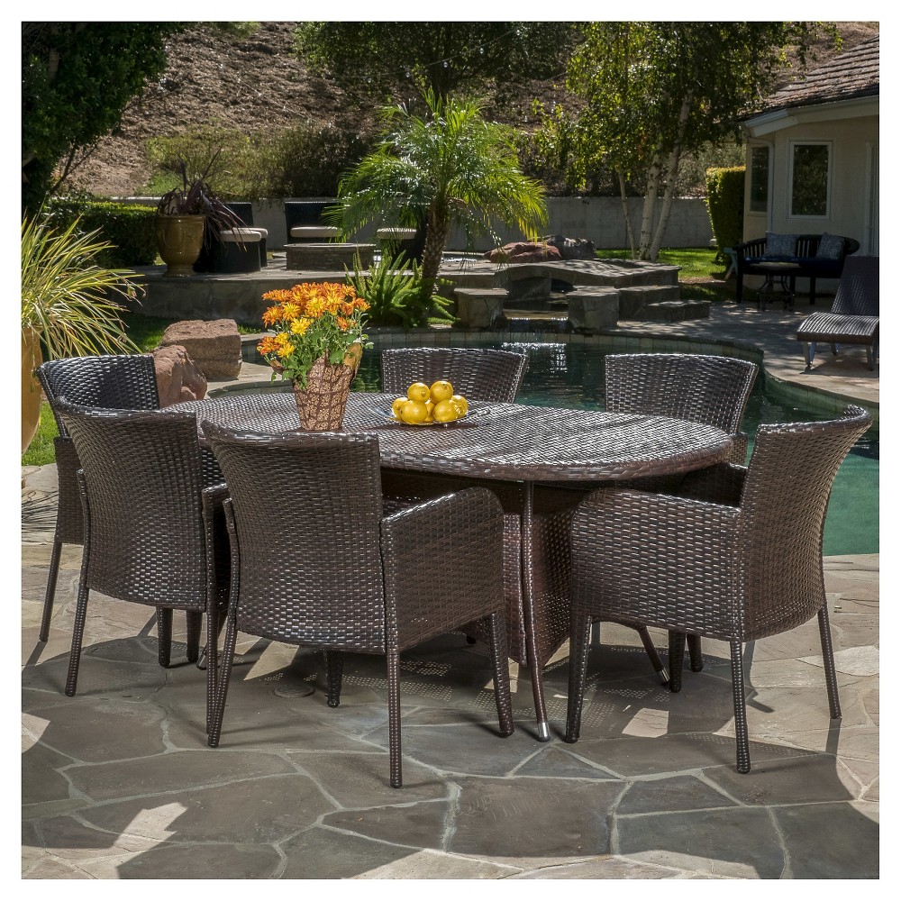 Corsica 7pc Wicker Dining Set - Multibrown - Christopher Knight Home: Outdoor Furniture, 6 Arm Chairs, Oval Table