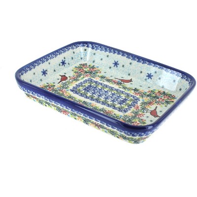 Blue Rose Polish Pottery Winter Cardinal Medium Rectangular Baker