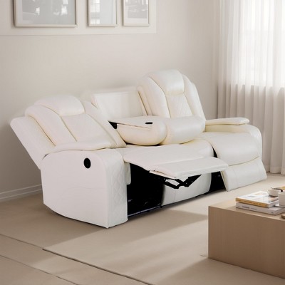 MAYEERTY Power Reclining Sofa, Electric 3-Seat Leather Recliner with USB Charging, Reversible Table & LED for Living Room, White