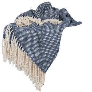 HomeRoots 50" X 60" Navy and Ivory Woven Cotton Polka Dots Throw Blanket with Tassels - 1 of 4