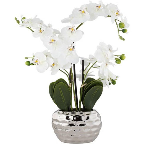 Dahlia Studios Potted Faux Artificial Flowers Realistic White Phalaenopsis  Orchid in Silver Pot Home Decoration Office 23