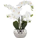 Dahlia Studios Potted Faux Artificial Flowers Realistic White Phalaenopsis Orchid in Silver Pot Home Decoration Office 23" High