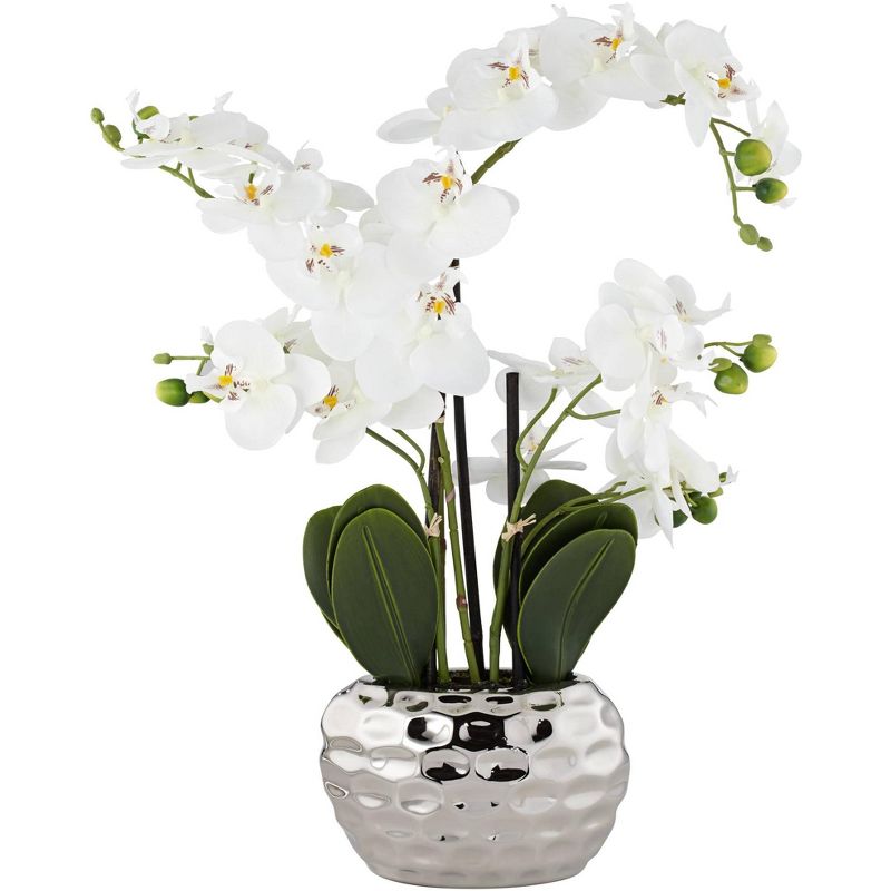 Dahlia Studios Potted Faux Artificial Flowers Realistic White Phalaenopsis Orchid in Silver Pot Home Decoration Office 23" High, 1 of 10