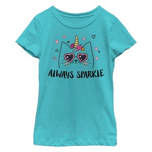 Girl's Lost Gods Always Sparkle Caticorn  T-Shirt - Tahiti Blue - Small - 1 of 4