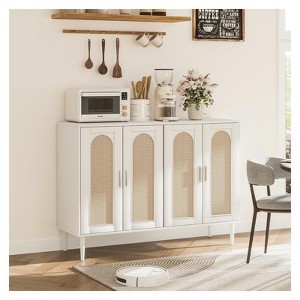 Jojoka Modern Rattan Sideboard, 4-Door Buffet Cabinet with Power Outlet & Adjustable Shelves, Versatile Storage for Dining Room, Kitchen, or Hallway - 1 of 4