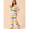 cheibear Women's Cotton Rainbow-Stripe Long Sleeves Lounge with Pants Pajama Set - image 2 of 4