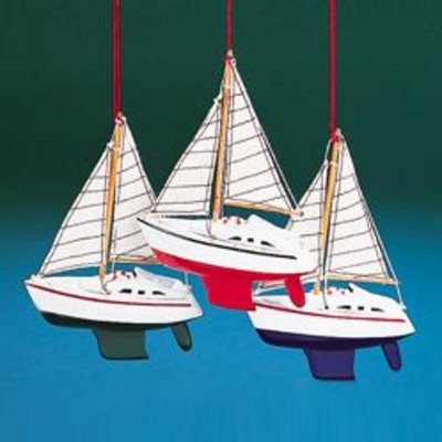 Kurt S. Adler 5.5" Nautical Blue Wooden Yacht with Striped Sails Christmas Ornament