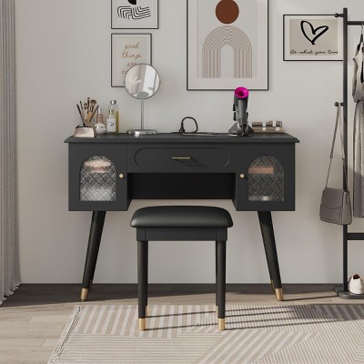 INFURNIC Vanity Tables Elegant Makeup Desk with Ample Storage and Organizer for Small Spaces, Black, 39.8"*29.5"*18"