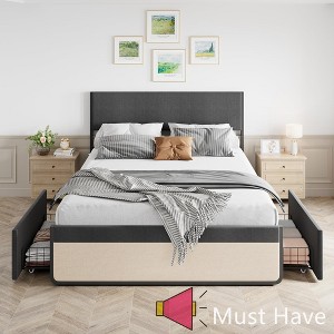 Jojoka Upholstered Bed Frame with 2 Storage Drawers, Linen Headboard & Footboard, Steel Slat Support, No Box Spring Needed - 1 of 4