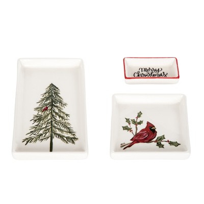 Transpac Set of 3 Ceramic Trinket Dishes Multicolor Decorative Trays for Christmas Tabletop Decor and Gift Giving