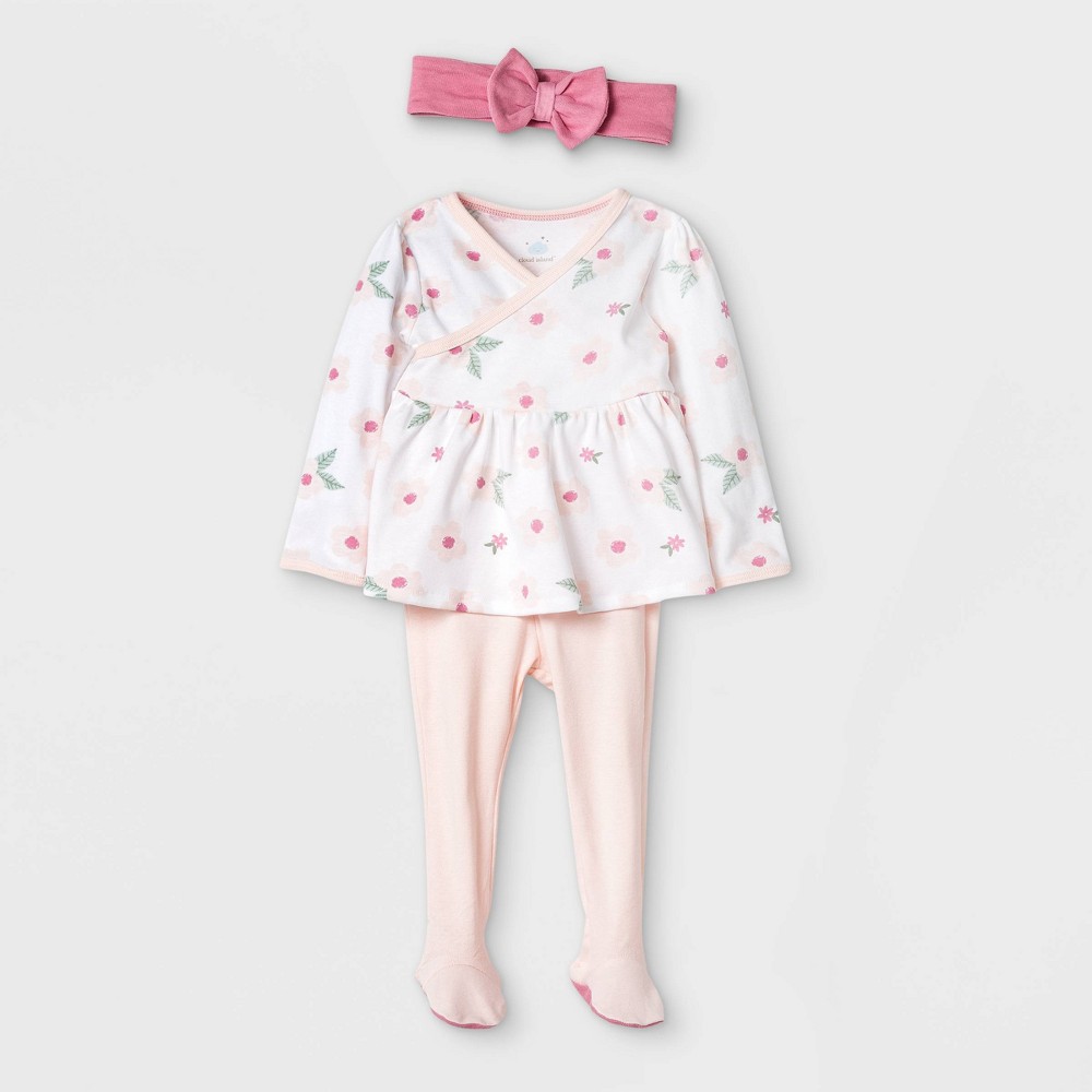 Baby Girls' 0-3M 3pc Basic Floral Peplum Top and Bottom Set - Cloud Island Pink 