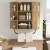Rattan Bathroom Wall Cabinet with Towel Bar, Wall Mounted Medicine Cabinet with Arched Door and Adjustable Shelves, Natural - 3 of 4