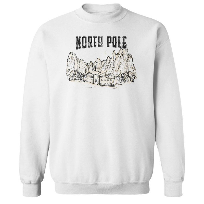 Rerun Island Men's Christmas North Pole Cabin Long Sleeve Graphic Cotton Sweatshirt, 1 of 2