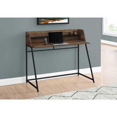 Trapezoid Metal Leg Desk with Hutch in Brown Laminate and Black