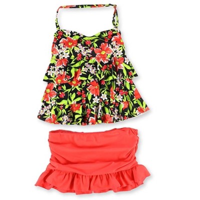 Island Escape Womens Tiered Ruffle 2 Piece Tankini