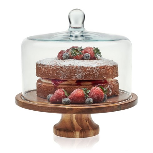 Libbey Acaciawood Footed Round Wood Server Cake Stand With Glass Dome Target