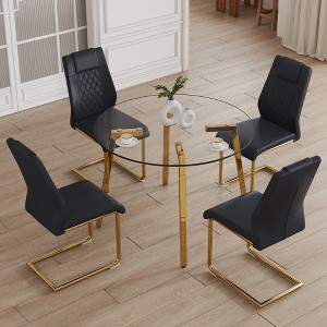 5-Piece Dining Set with Tempered Glass Round Table and 4 PU Armless Chairs - 1 of 4
